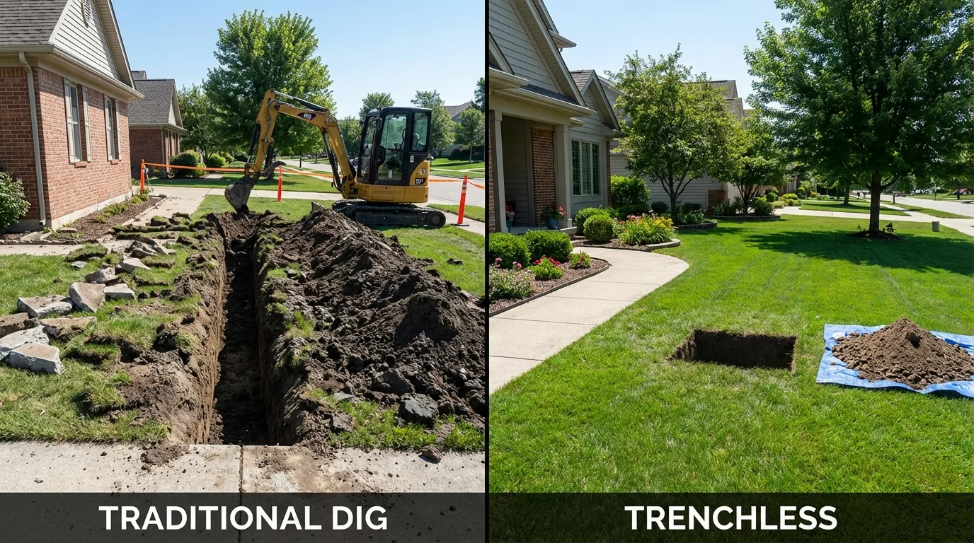 Trenchless sewer repair with minimal yard damage versus traditional excavation in Cadiz, OH