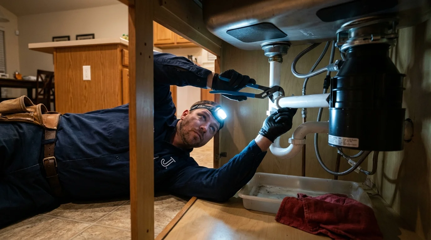 P-trap and supply line connections under a kitchen sink showing a common leak point in Cadiz, OH